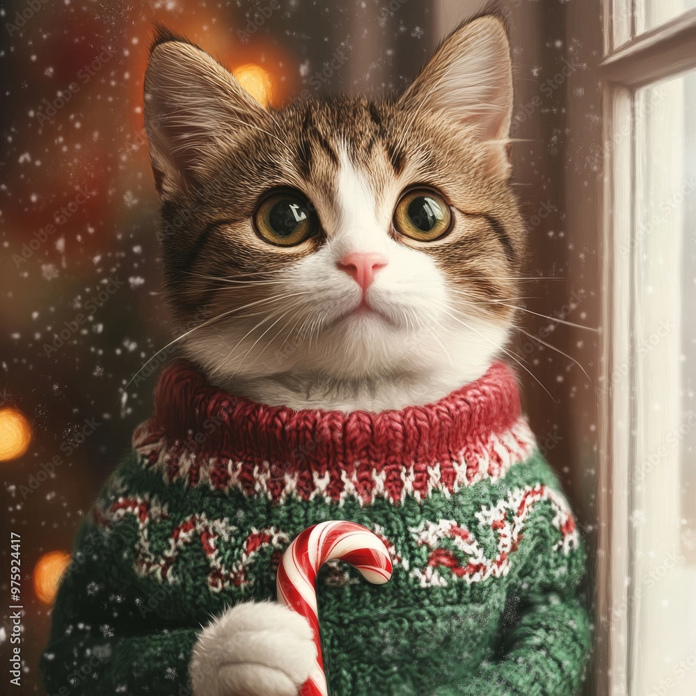 A cute cat wearing a festive sweater holds a candy cane, gazing out a snowy window, perfect for holiday themes. A cute cat wearing a festive sweater holds a candy cane, gazing out a snowy window, perfect for holiday themes.