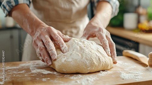 Artisan Baker's Hands Shaping Dough in Rustic Kitchen with Natural Light