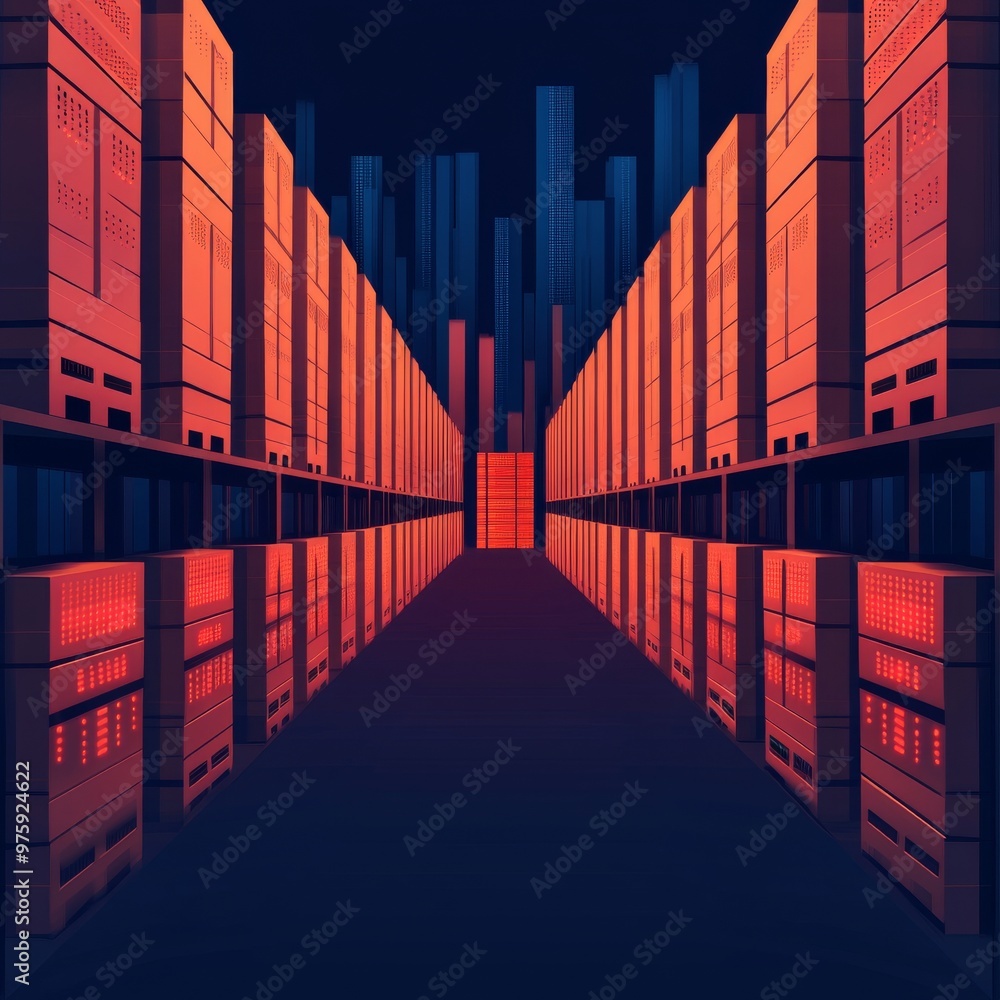 Fototapeta premium A futuristic data center showcasing sleek storage units and a vibrant color palette of red and blue, symbolizing technology and innovation.