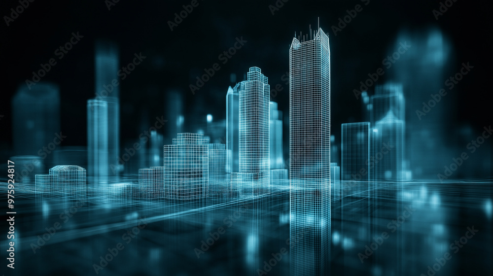 A wireframe-style 3D vector of a futuristic city skyline, with skyscrapers, bridges, and transparent layers showcasing both visible and invisible architectural elements. A wireframe-style 3D vector of a futuristic city skyline, with skyscrapers, bridges, and transparent layers showcasing both visible and invisible architectural elements.