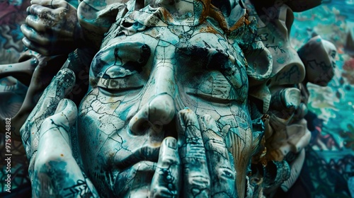 A close-up of a weathered, blue and green sculpture of a human face surrounded by hands.