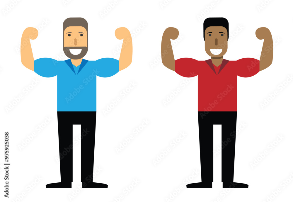 Dark Skinned and White Man Character Showing Muscles Flat Style. Sports characters and muscle building concept vector Dark Skinned and White Man Character Showing Muscles Flat Style. Sports characters and muscle building concept vector