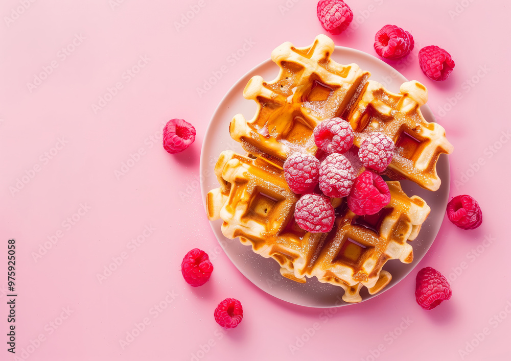 Sweet Belgium waffle with raspberries and syrup on the light pink background. Flat lay Sweet Belgium waffle with raspberries and syrup on the light pink background. Flat lay