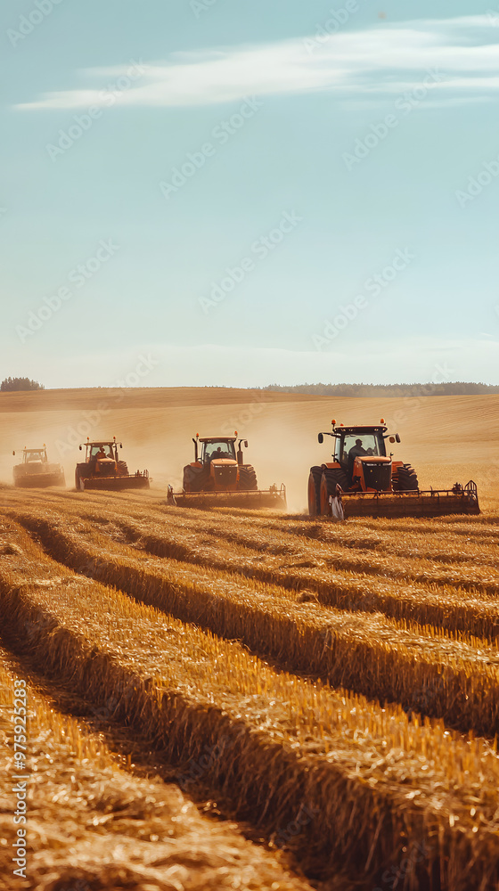 Fototapeta premium Several tractors plowing vast golden farmland together