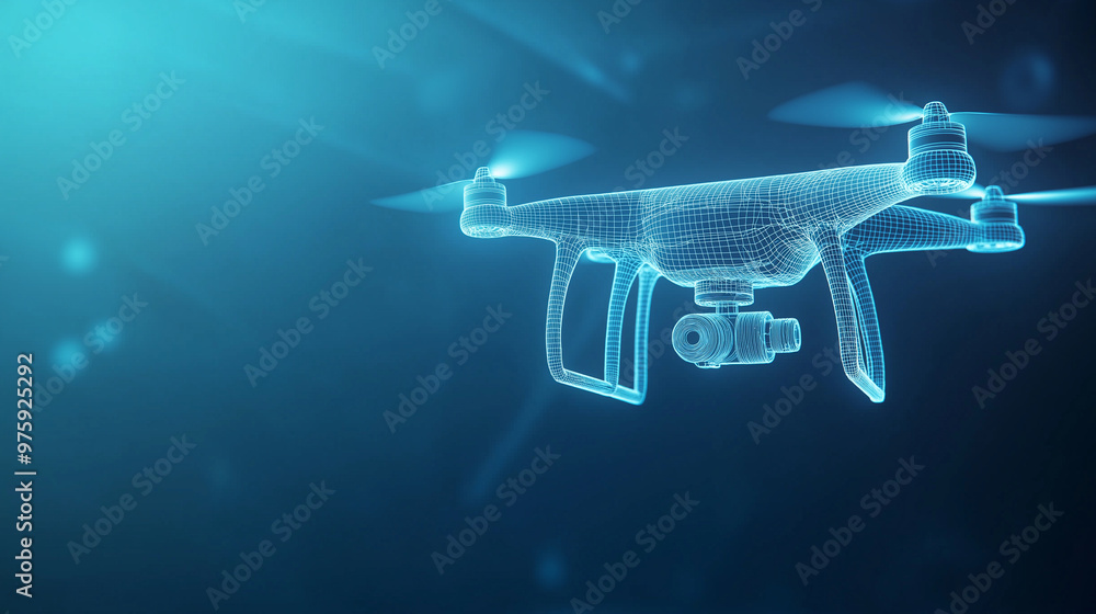 Obraz premium A wireframe 3D vector of a drone, with separated layers showing the motor, propellers, and camera system, hovering in a transparent sky.
