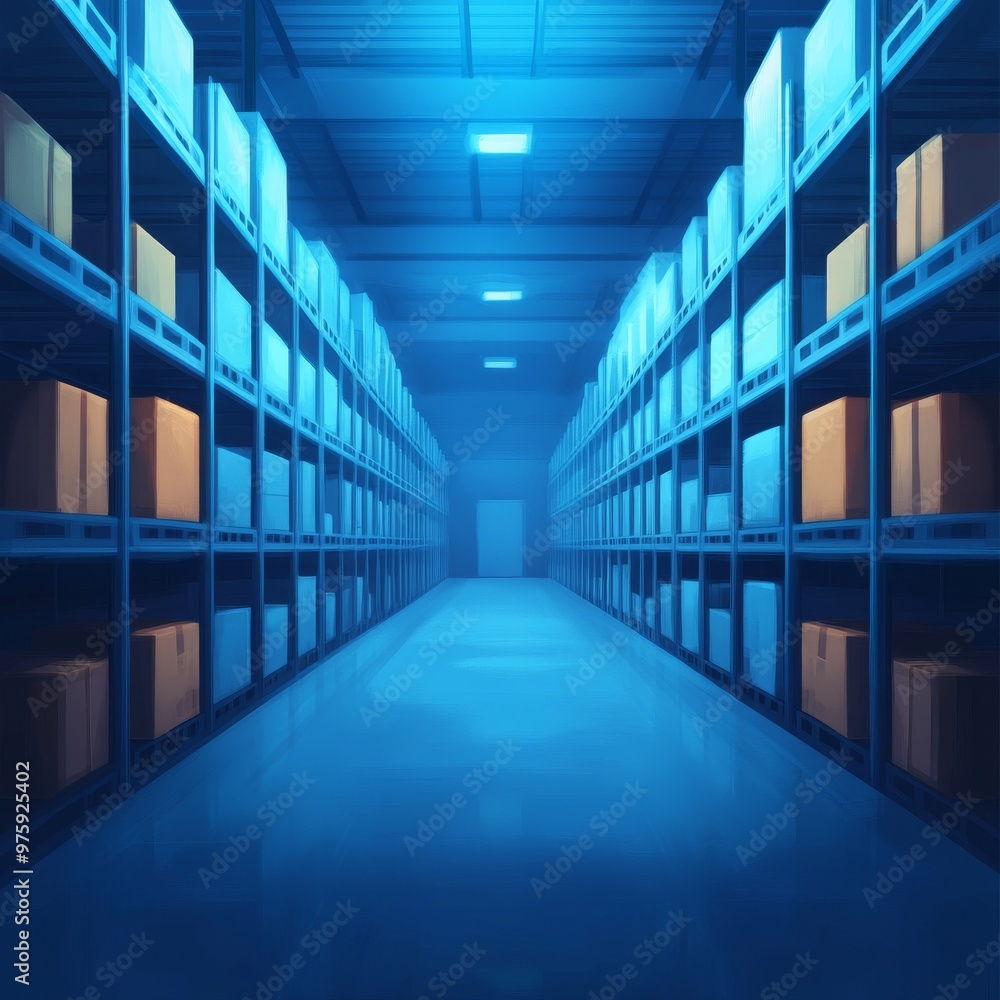 A spacious warehouse filled with neatly organized shelves and storage boxes under cool, blue lighting. A spacious warehouse filled with neatly organized shelves and storage boxes under cool, blue lighting.
