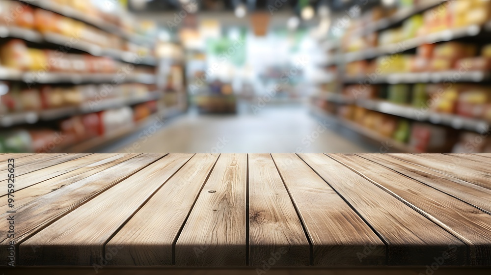 Wooden table top with a blurred background of a supermarket interior, featuring shelves full of products for product display or montage Wooden table top with a blurred background of a supermarket interior, featuring shelves full of products for product display or montage