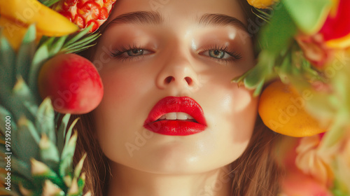 Close-up of a woman's face with glossy red lips, accented by tropical fruits like pineapple and mango, with abstract streaks of color blending into a floral backdrop. photo