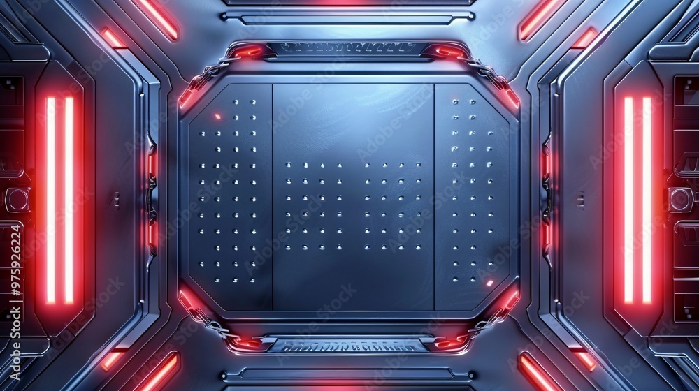 Obraz premium Futuristic metallic panel with red glowing lights.