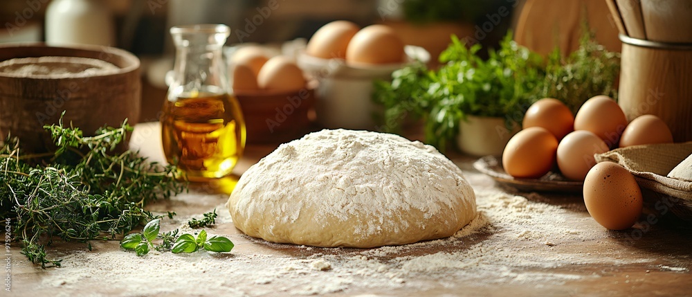 Fototapeta premium Rustic Kitchen Scene with Artisan Bread Dough Rising Surrounded by Organic Ingredients and Warm Light