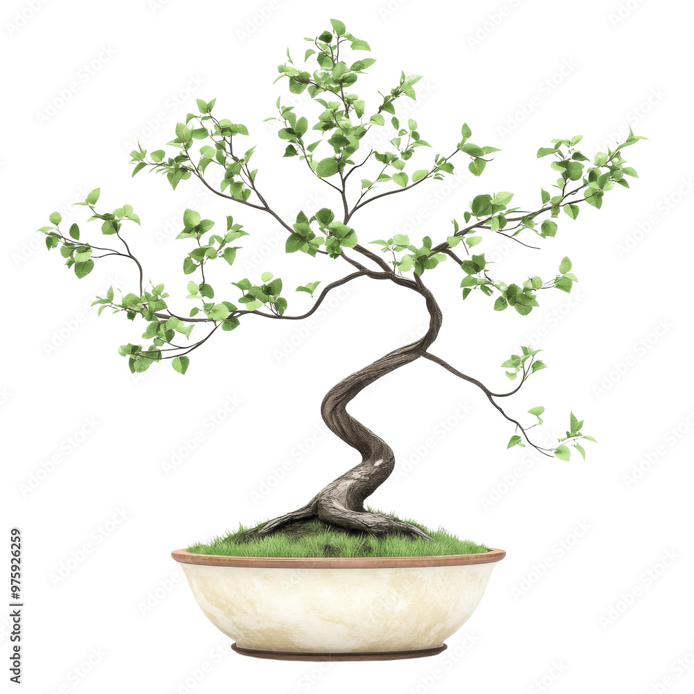 © teera - A beautiful bonsai tree with lush green leaves, showcasing intricate twisting stems and serene beauty in a decorative pot.