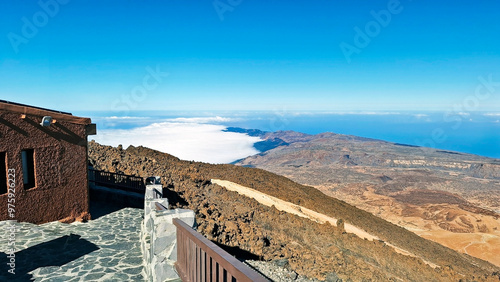 The top station of the cable car (11,663 ft) at Mirador de la Rambleta that overlooks the Ucanca valley in the National Park of Las Canadas de El Teide. Tenerife, Canary Islands, Spain, Europe.   photo