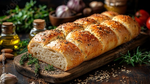 Rustic Homemade Bread with Organic Ingredients on Wooden Board in Warm Setting