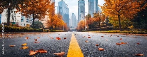  A road in the city of Dinder, with trees on both sides and autumn leaves falling from them photo