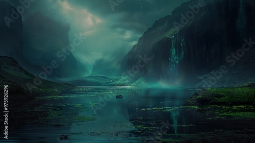 Wallpaper Mural A serene lake surrounded by misty mountains with a waterfall cascading down the cliffs. Torontodigital.ca