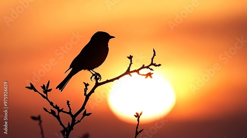 Silhouette of a Bird Perched on a Branch at Sunset  photo