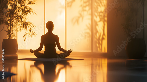 Person practicing yoga in a brightly lit room.