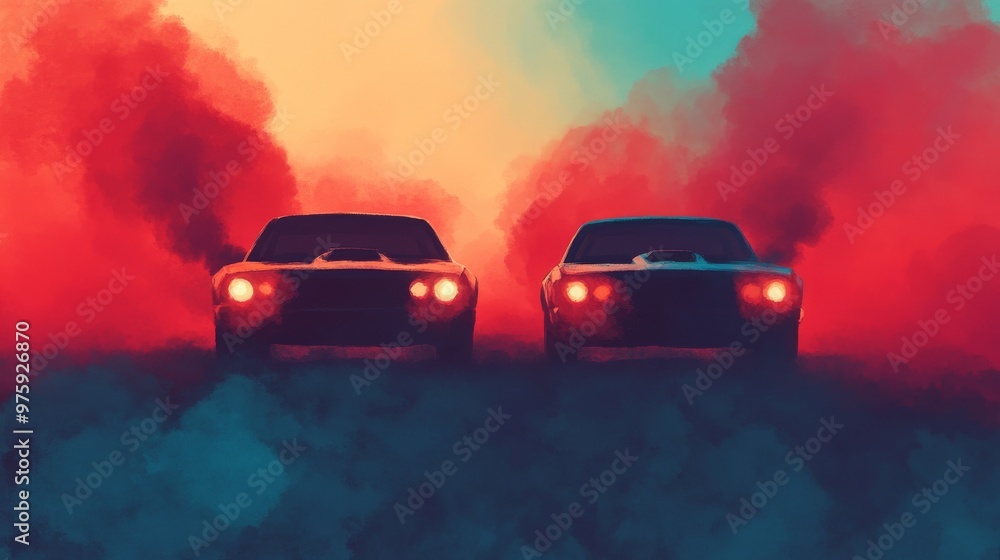A vibrant, artistic depiction of two classic cars surrounded by colorful smoke, evoking excitement and nostalgia. A vibrant, artistic depiction of two classic cars surrounded by colorful smoke, evoking excitement and nostalgia.