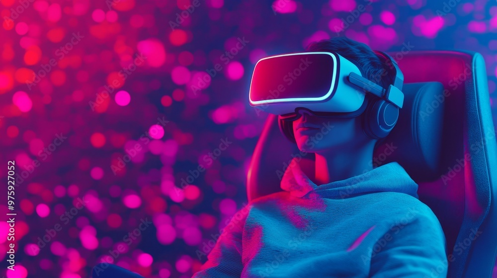 A young person enjoys an immersive virtual reality experience, surrounded by vibrant lights and colors, showcasing modern technology. A young person enjoys an immersive virtual reality experience, surrounded by vibrant lights and colors, showcasing modern technology.