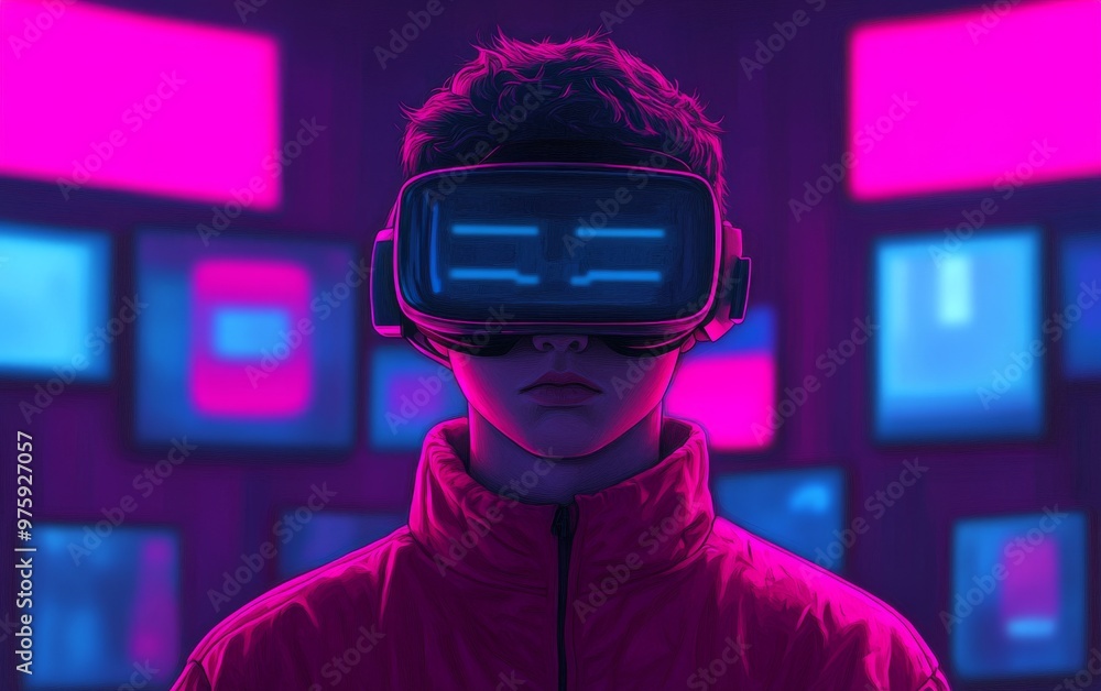 A young person immersed in a vibrant virtual reality experience, surrounded by glowing screens and futuristic technology. A young person immersed in a vibrant virtual reality experience, surrounded by glowing screens and futuristic technology.