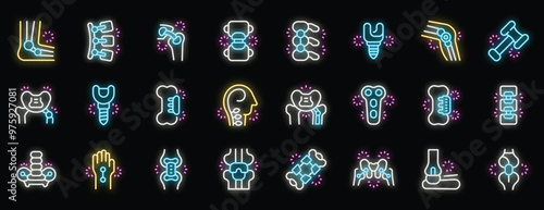 This set of neon icons shows different parts of the body, bones and joints, as well as medical devices used in orthopedics