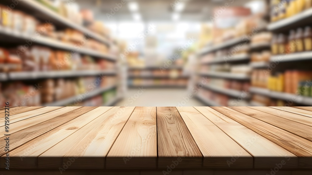 Wooden table top with a blurred background of a supermarket interior, featuring shelves full of products for product display or montage Wooden table top with a blurred background of a supermarket interior, featuring shelves full of products for product display or montage