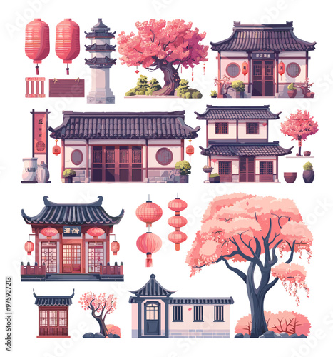 Asian urban elements cartoon vector collection. Chinese structures stone pillars spires pagoda paper red lanterns cherry wood verdant shrubbery artworks isolated on white backdrop
