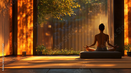 Meditative yoga pose in serene golden environment photo