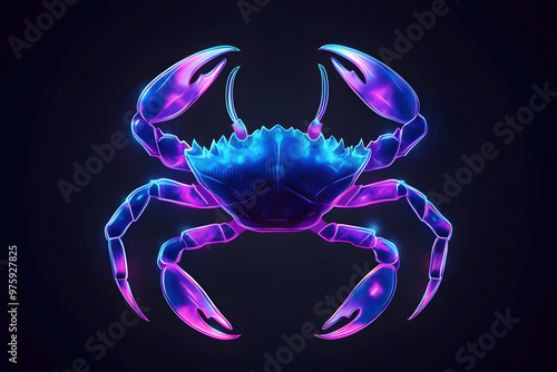 Blue purple neon crab icon isolated on black background.