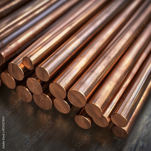 Close-up of polished copper rods stacked neatly, showcasing vibrant hues and smooth surfaces for industrial or design use.