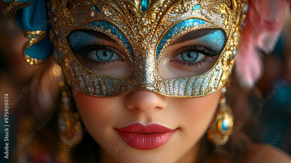 Closeup Portrait of a Woman Wearing a Golden and Blue Carnival Mask Closeup Portrait of a Woman Wearing a Golden and Blue Carnival Mask