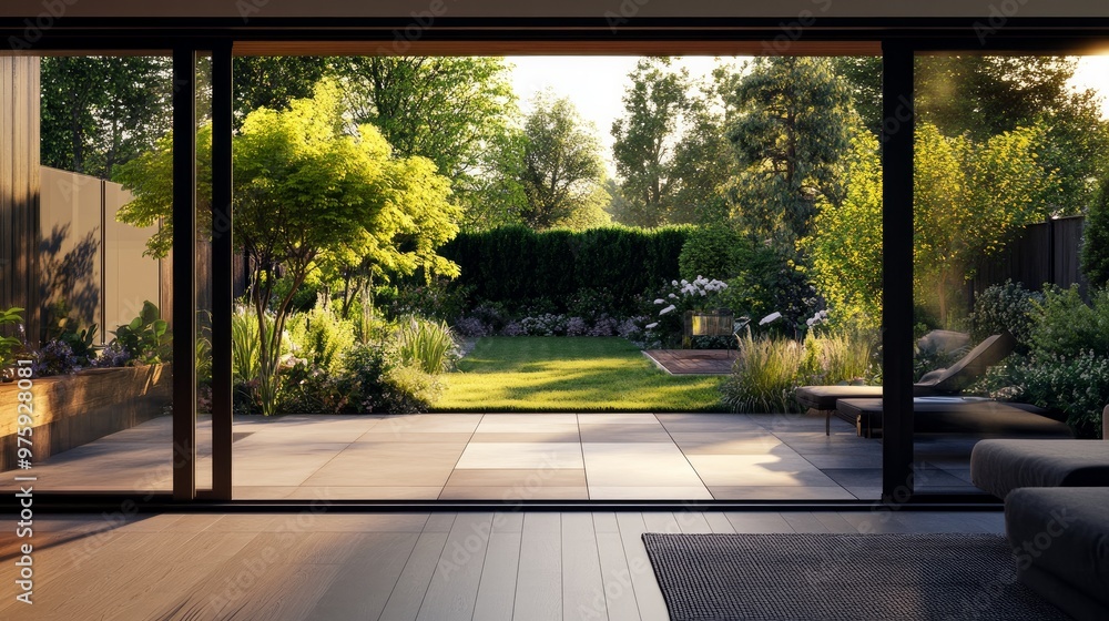 Bifold doors in a chic designer room overlook a lovely summertime garden and patio. Bifold doors in a chic designer room overlook a lovely summertime garden and patio.