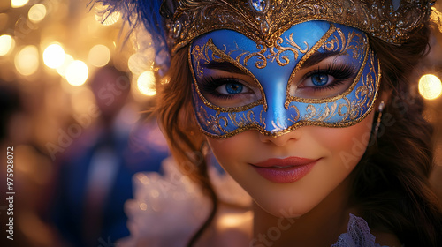 Masquerade Ball Woman with Blue and Gold Mask Illustration