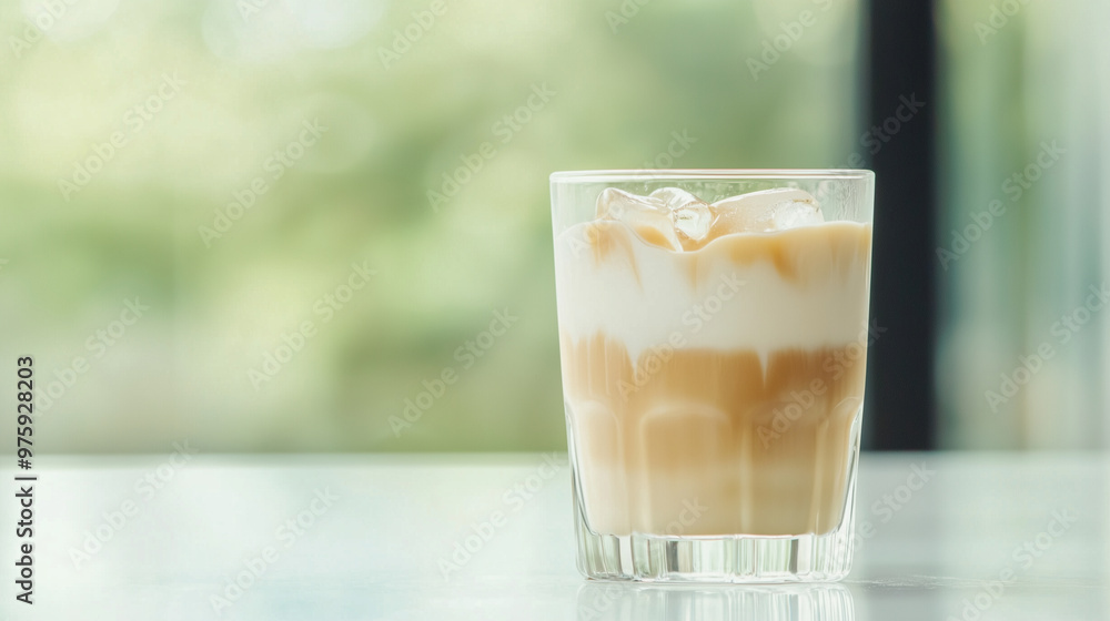 A clear glass of refreshing iced coffee with cream, set against a mirrored wall, creating an elegant reflection and showcasing the drink's layers. photo A clear glass of refreshing iced coffee with cream, set against a mirrored wall, creating an elegant reflection and showcasing the drink's layers. photo