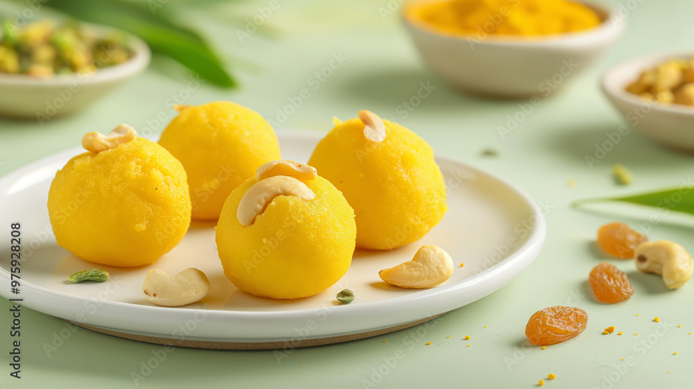 A vibrant yellow laddu on a white plate, accompanied by scattered dried fruits and bowls of cashews and pistachios against a pastel green backdrop. A vibrant yellow laddu on a white plate, accompanied by scattered dried fruits and bowls of cashews and pistachios against a pastel green backdrop.
