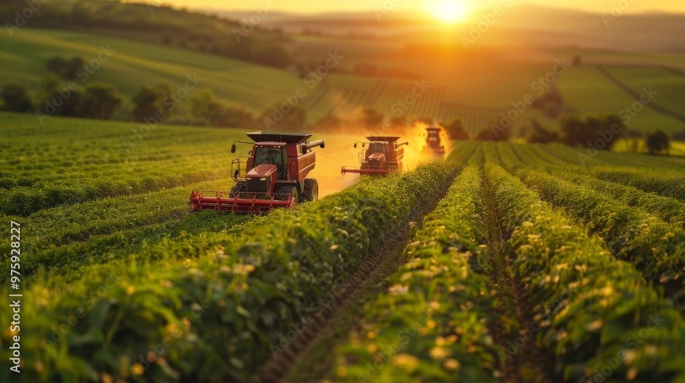 Fototapeta premium Two modern tractors harvesting crops in a lush field during a golden sunrise, showcasing agricultural innovation.