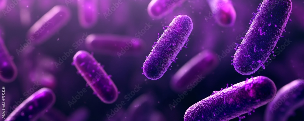 Purple bacteria in microscopic view with glowing details, scientific research and microbiology concept Purple bacteria in microscopic view with glowing details, scientific research and microbiology concept
