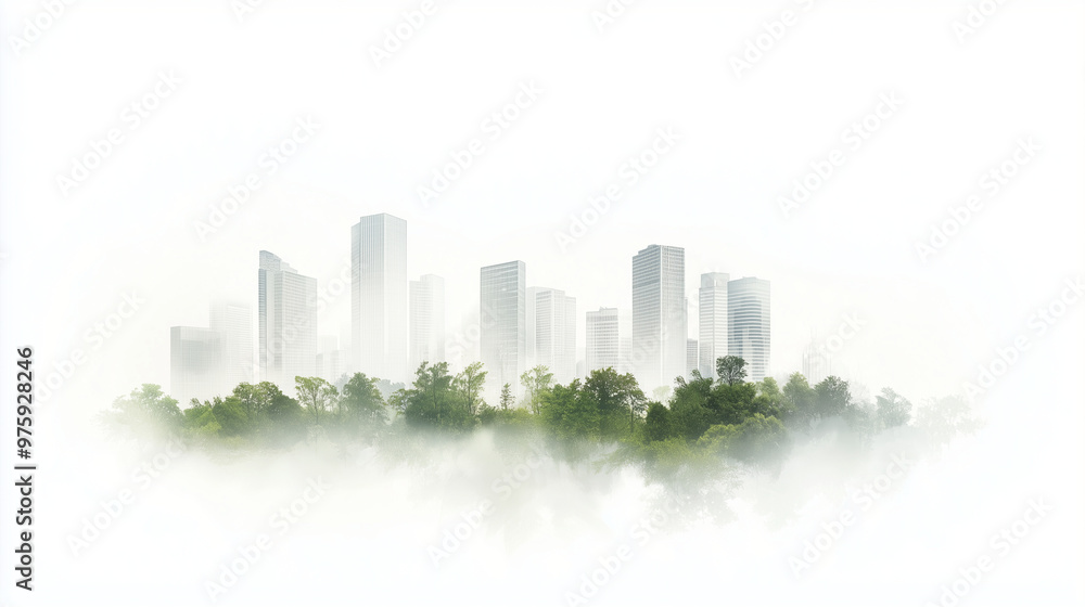 Obraz premium A modern cityscape with lush greenery integrated into the urban environment, all framed by a clean white background to highlight the blend of nature and city life. photo