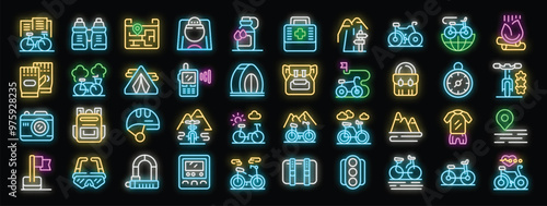 Cyclist traveling with bicycle in mountains and carrying backpack neon icons set vector