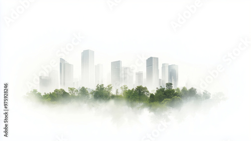 A modern cityscape with lush greenery integrated into the urban environment, all framed by a clean white background to highlight the blend of nature and city life. photo