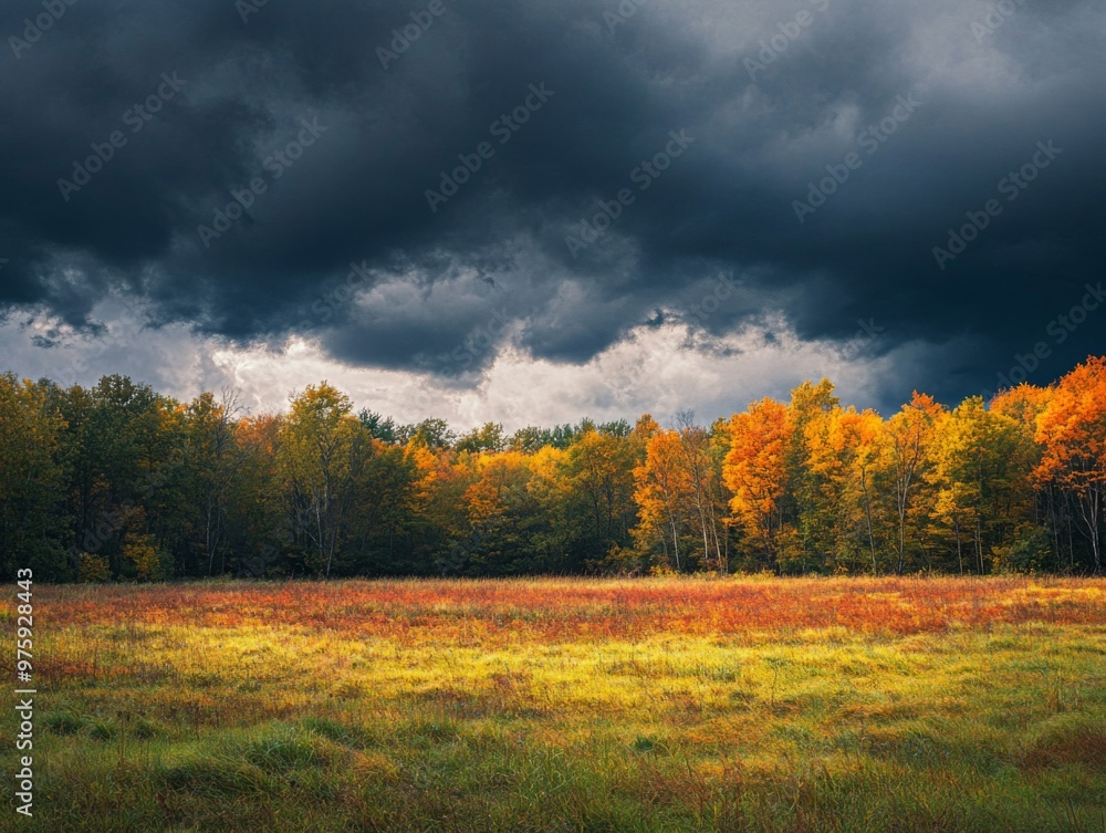 Fototapeta premium Autumnal Forest Edge Under a Stormy Sky