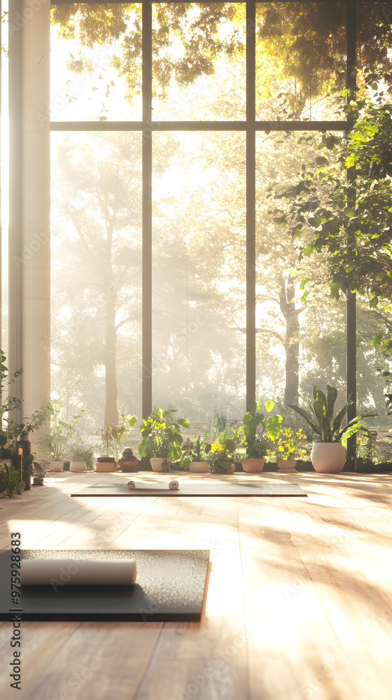 Spacious yoga studio bathed in natural morning light Spacious yoga studio bathed in natural morning light