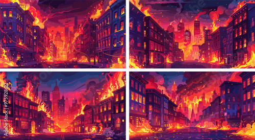 Blazing megapolis cartoon vector visuals. Firestorm urban inferno smoke embers flames boulevard devastating upheaval city wrecking road buildings disaster incident overcast sky catastrophe arts