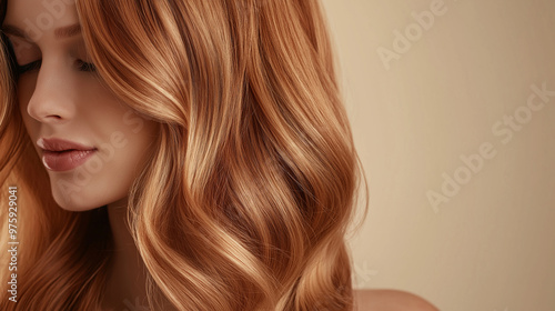 Flowing ombrÃ© hair from deep chestnut to golden tips, with a rich texture and glossy shine, symbolizing a trendy, youthful look.