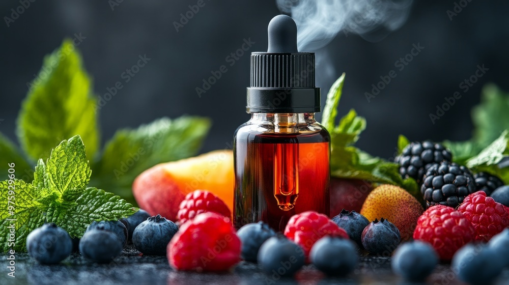 A vaporizer container that holds flavored e-liquid with fruit and berry infusions for vaping A vaporizer container that holds flavored e-liquid with fruit and berry infusions for vaping