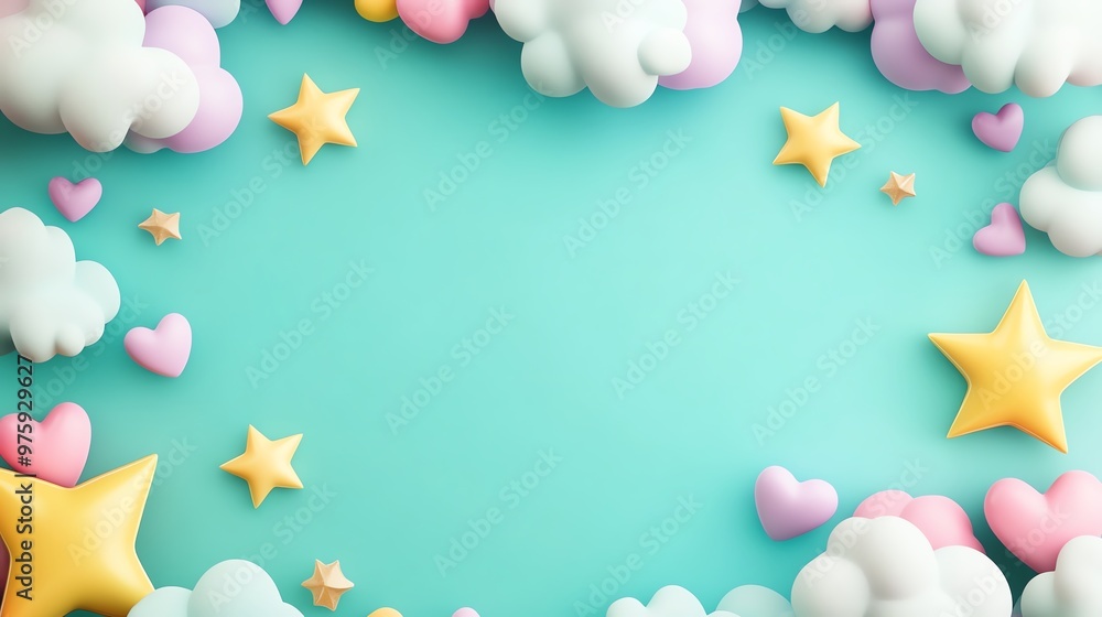 Fototapeta premium Whimsical pastel clouds, stars, and hearts forming a dreamy border on a teal background. Perfect for children's content and festive designs.