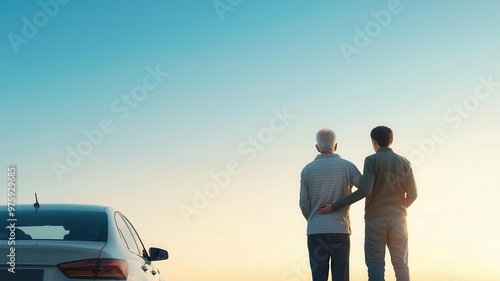 Aging father being helped into a car by his son, preparation for a journey, clear sky and open road ahead photo