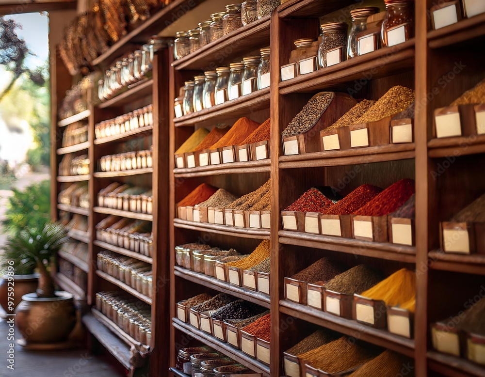 Traditional spice racks with depth of field featuring assorted spices and cultural heritage Traditional spice racks with depth of field featuring assorted spices and cultural heritage