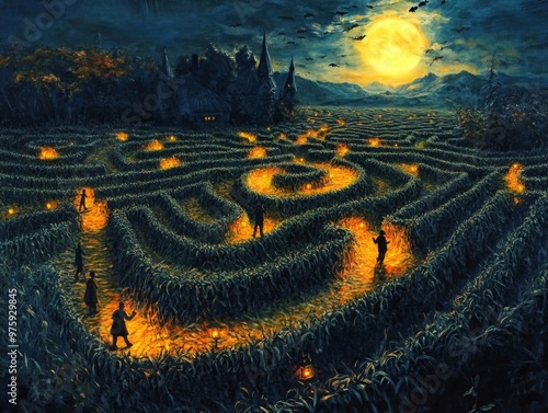 A Mystical Cornfield Maze Illuminated by Lanterns Under a Full Moon