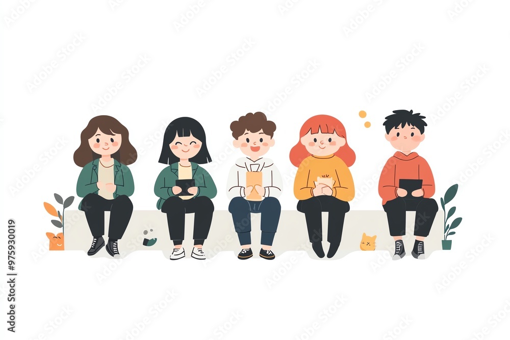 Illustration of five cute friends sitting together and holding devices or books, surrounded by plants. Illustration of five cute friends sitting together and holding devices or books, surrounded by plants.